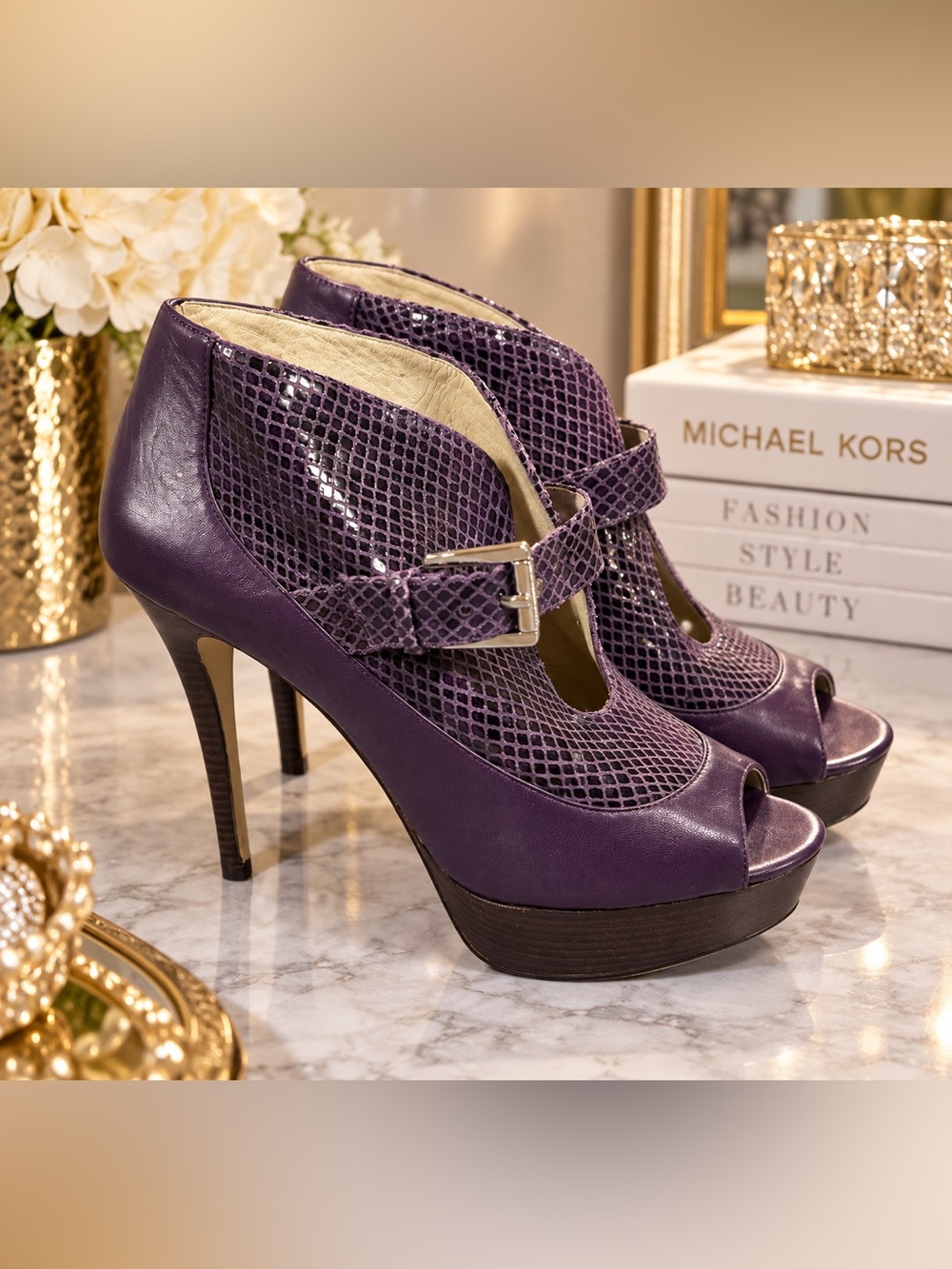 Michael Kors Purple Peep-Toe Platform Heels with Buckle Strap